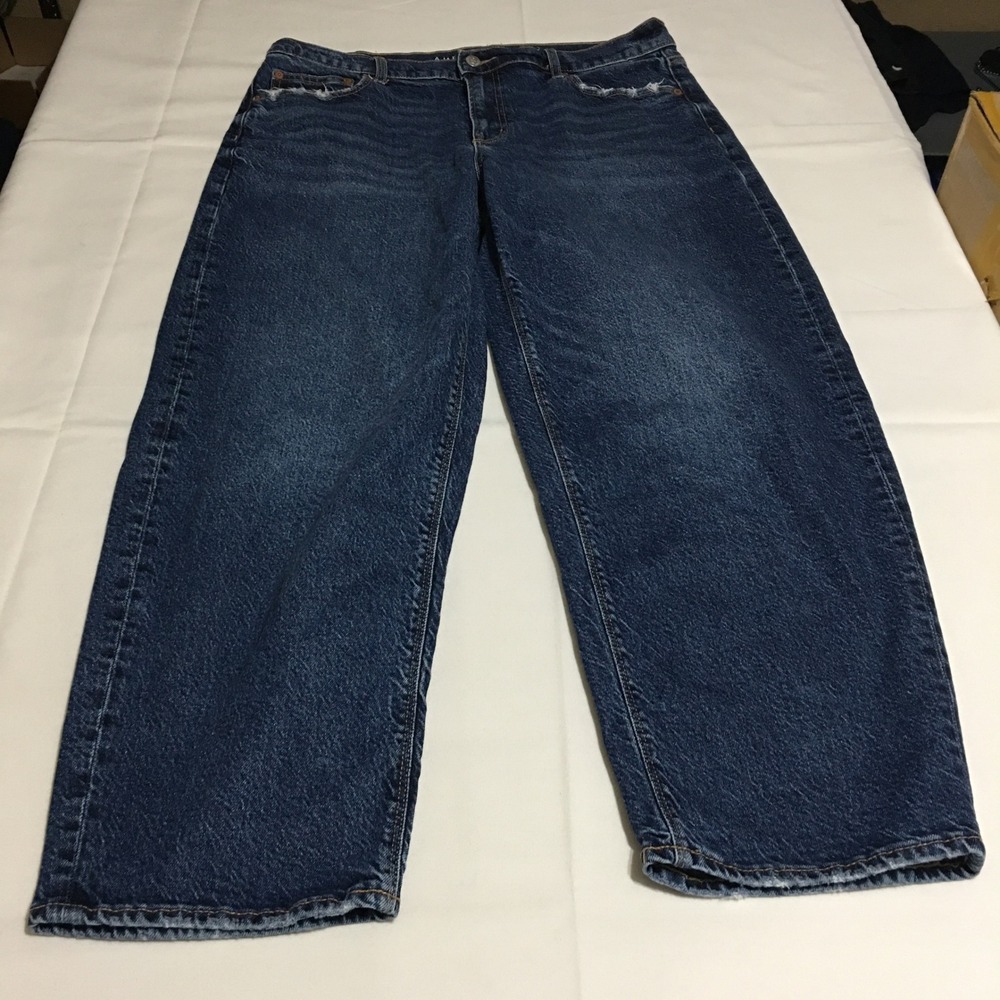 American Eagle Barrel Jeans Womens 12 Blue Distressed High Rise Stretch